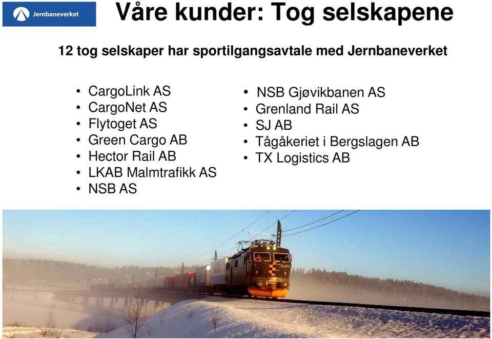 Flytoget AS Green Cargo AB Hector Rail AB LKAB Malmtrafikk AS NSB