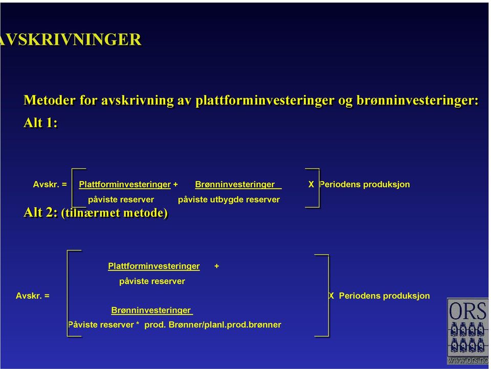 = Plattforminvesteringer + Brønninvesteringer påviste reserver påviste utbygde reserver Alt 2: