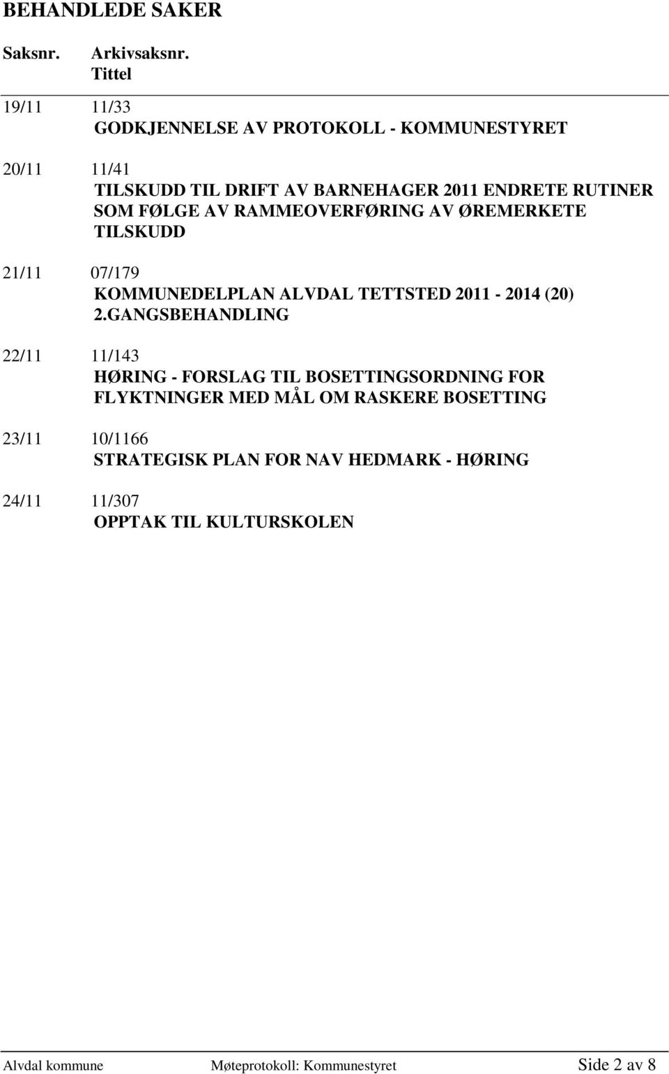 FØLGE AV RAMMEOVERFØRING AV ØREMERKETE TILSKUDD 21/11 07/179 KOMMUNEDELPLAN ALVDAL TETTSTED 2011-2014 (20) 2.