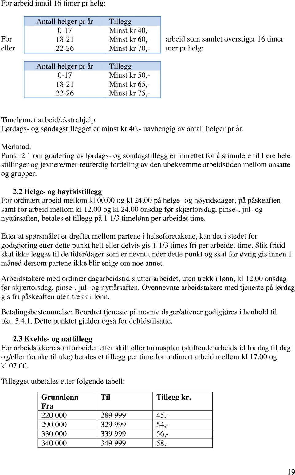 1 om gradering av lørdags- og søndagstillegg er innrettet for å stimulere til flere hele stillinger og jevnere/mer rettferdig fordeling av den ubekvemme arbeidstiden mellom ansatte og grupper. 2.