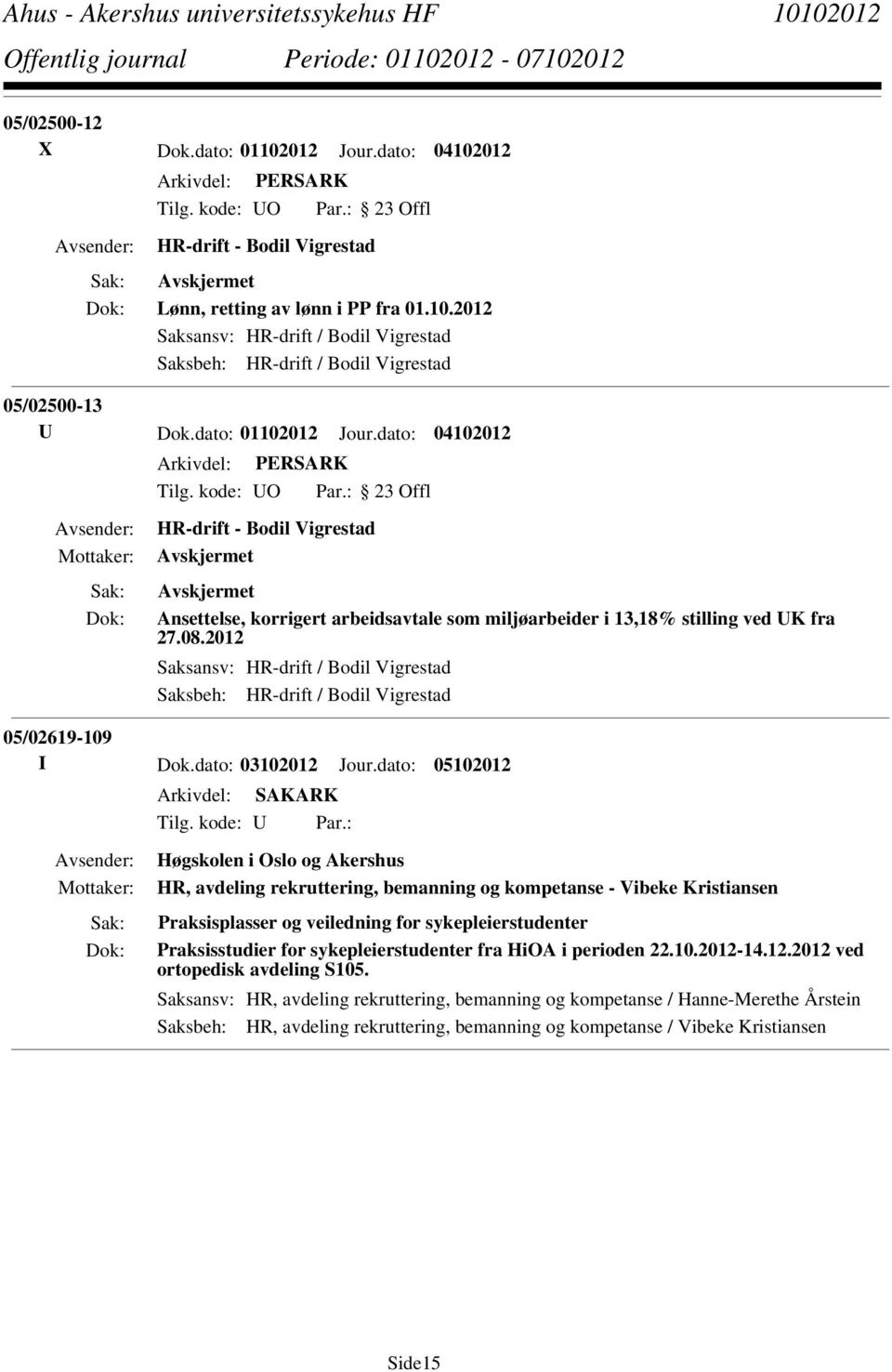 2012 Saksansv: HR-drift / Bodil Vigrestad Saksbeh: HR-drift / Bodil Vigrestad 05/02619-109 I Dok.dato: 03102012 Jour.dato: 05102012 Tilg. kode: U Par.