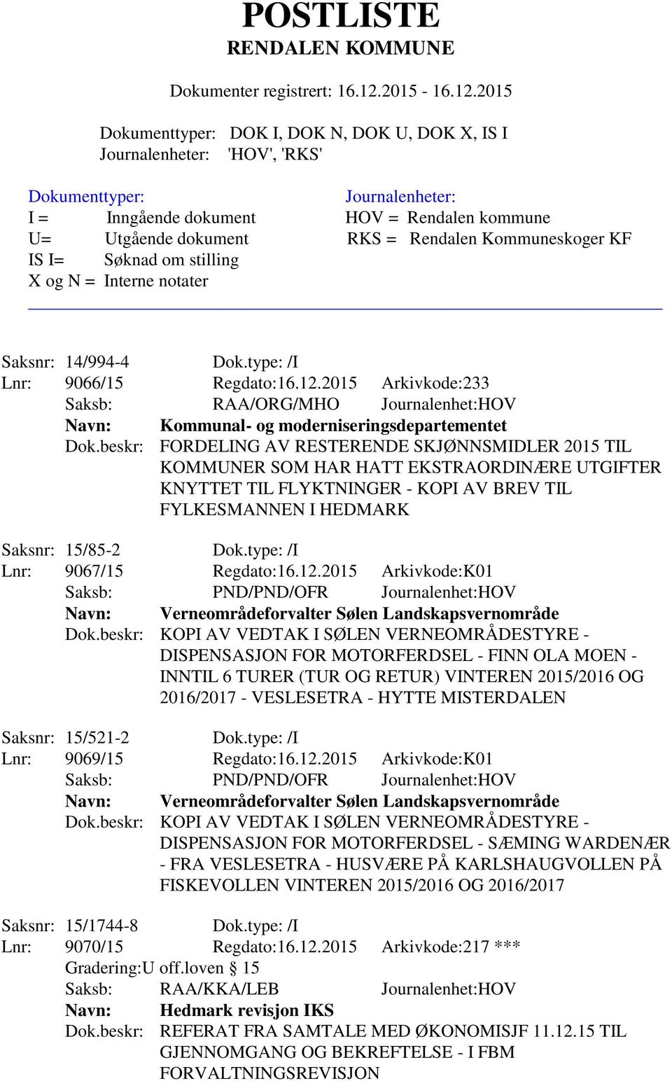 type: /I Lnr: 9067/15 Regdato:16.12.2015 Arkivkode:K01 Navn: Verneområdeforvalter Sølen Landskapsvernområde Dok.