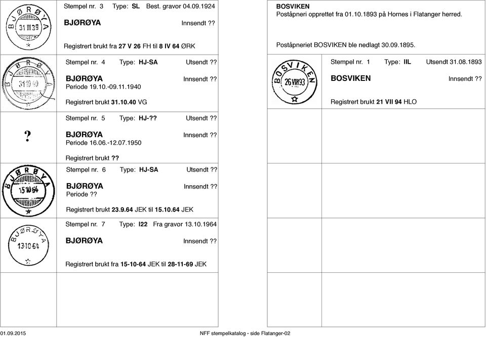 1893 BOSVIKEN Innsendt?? Registrert brukt 21 VII 94 HLO? Stempel nr. 5 Type: HJ-?? Utsendt?? BJØRØYA Innsendt?? Periode 16.06.-12.07.1950 Stempel nr. 6 Type: HJ-SA Utsendt?? BJØRØYA Innsendt?? Periode?? Registrert brukt 23.
