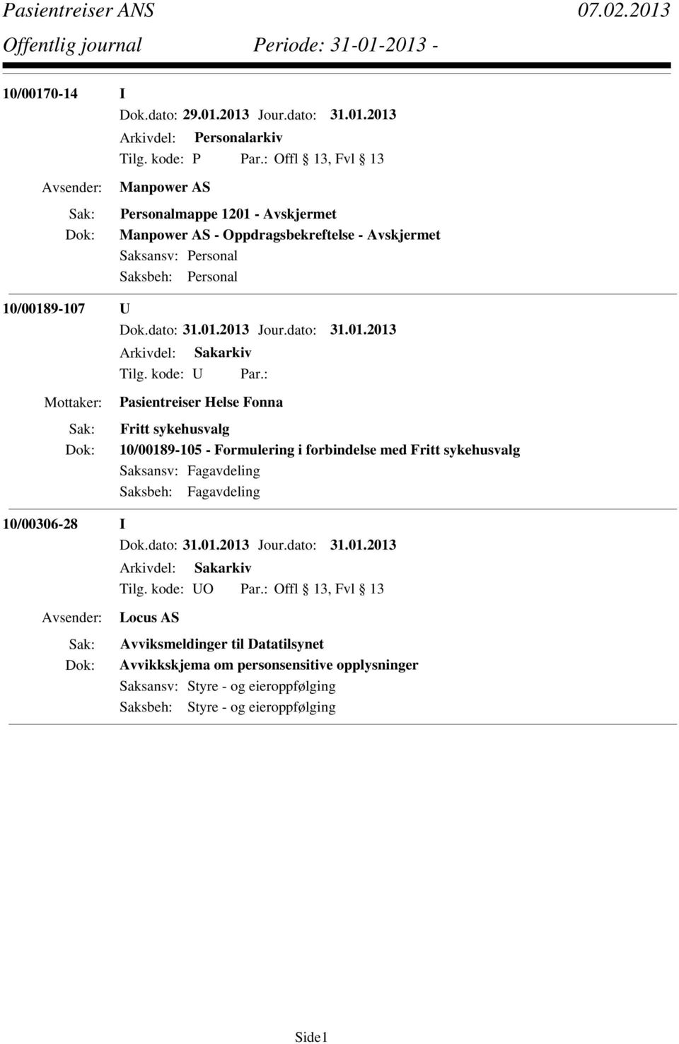 2013 Jour.dato: 31.01.2013 - Oppdragsbekreftelse - Avskjermet 10/00189-107 U Pasientreiser Helse Fonna Fritt