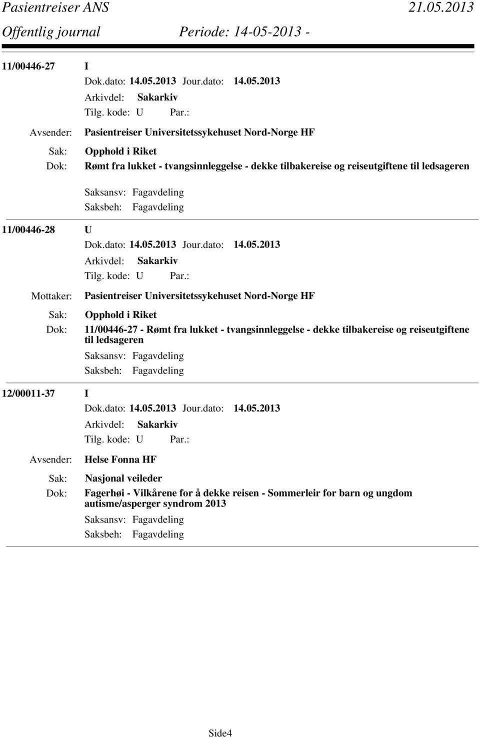 11/00446-27 - Rømt fra lukket - tvangsinnleggelse - dekke tilbakereise og reiseutgiftene til ledsageren 12/00011-37 I Helse