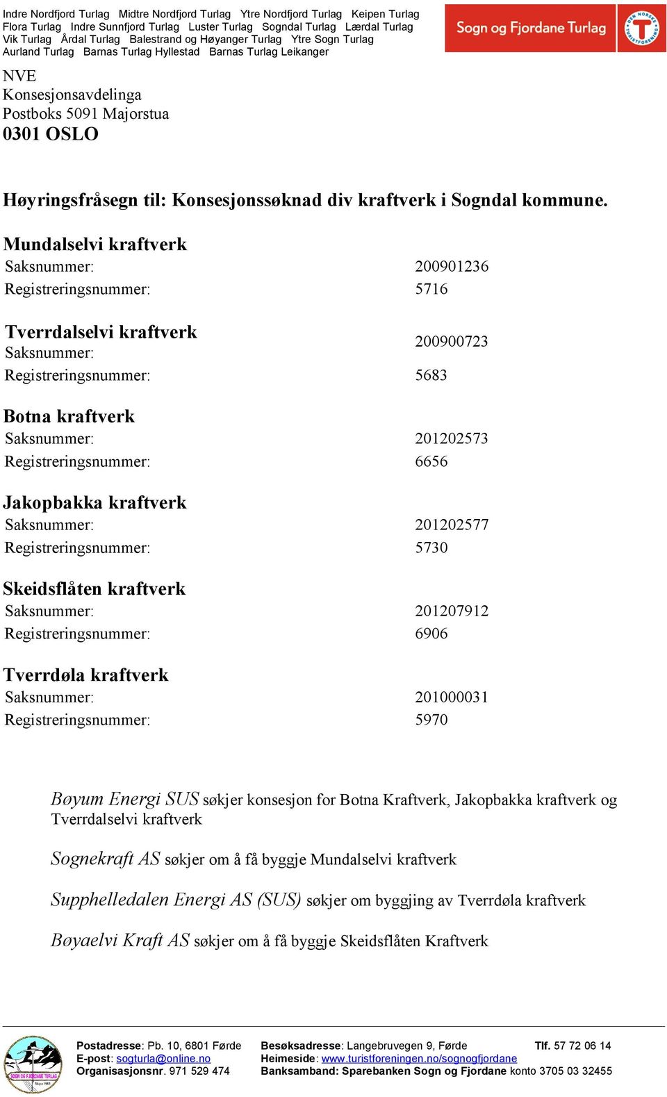 Registreringsnummer: 6656 Jakopbakka kraftverk Saksnummer: 201202577 Registreringsnummer: 5730 Skeidsflåten kraftverk Saksnummer: 201207912 Registreringsnummer: 6906 Tverrdøla kraftverk Saksnummer: