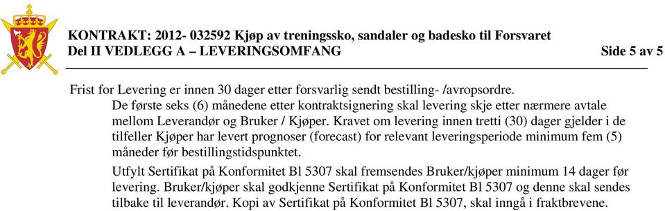 Kravet om levering innen tretti (30) dager gjelder i de tilfeller Kjøper har levert prognoser (forecast) for relevant leveringsperiode minimum fem (5) måneder før