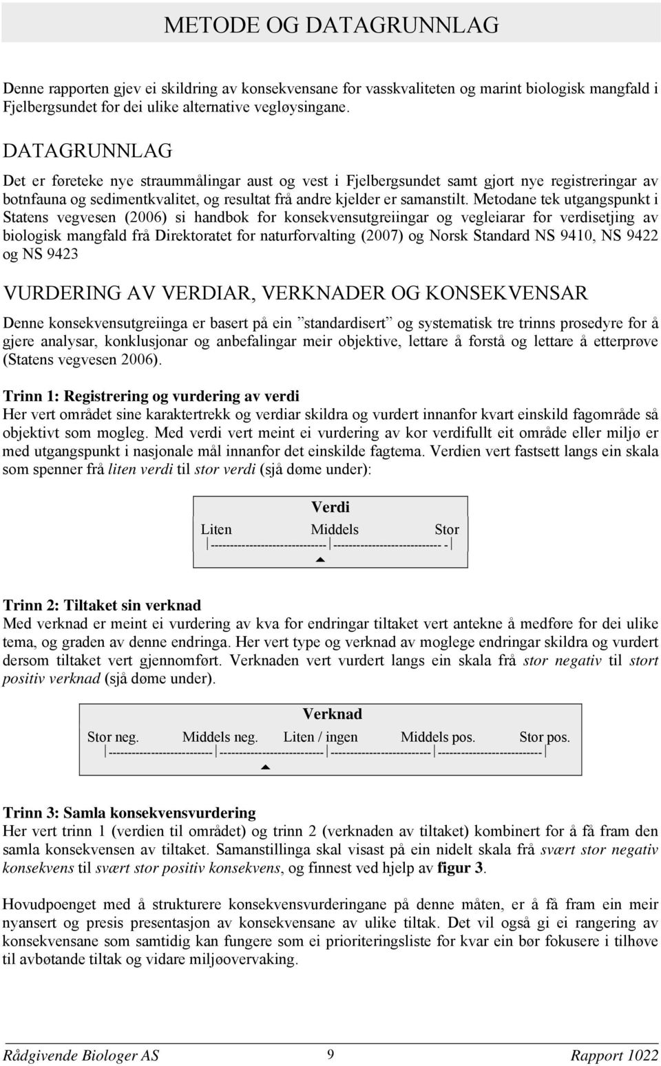Metodane tek utgangspunkt i Statens vegvesen (2006) si handbok for konsekvensutgreiingar og vegleiarar for verdisetjing av biologisk mangfald frå Direktoratet for naturforvalting (2007) og Norsk
