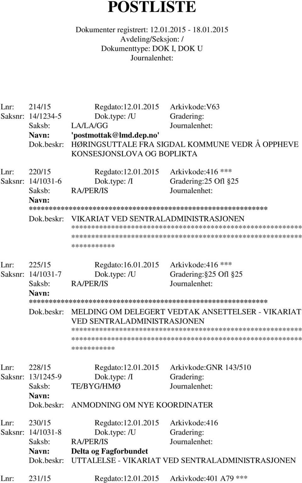 type: /I Gradering:25 Ofl 25 Saksb: RA/PER/IS ** Dok.beskr: VIKARIAT VED SENTRALADMINISTRASJONEN *********** Lnr: 225/15 Regdato:16.01.2015 Arkivkode:416 *** Saksnr: 14/1031-7 Dok.