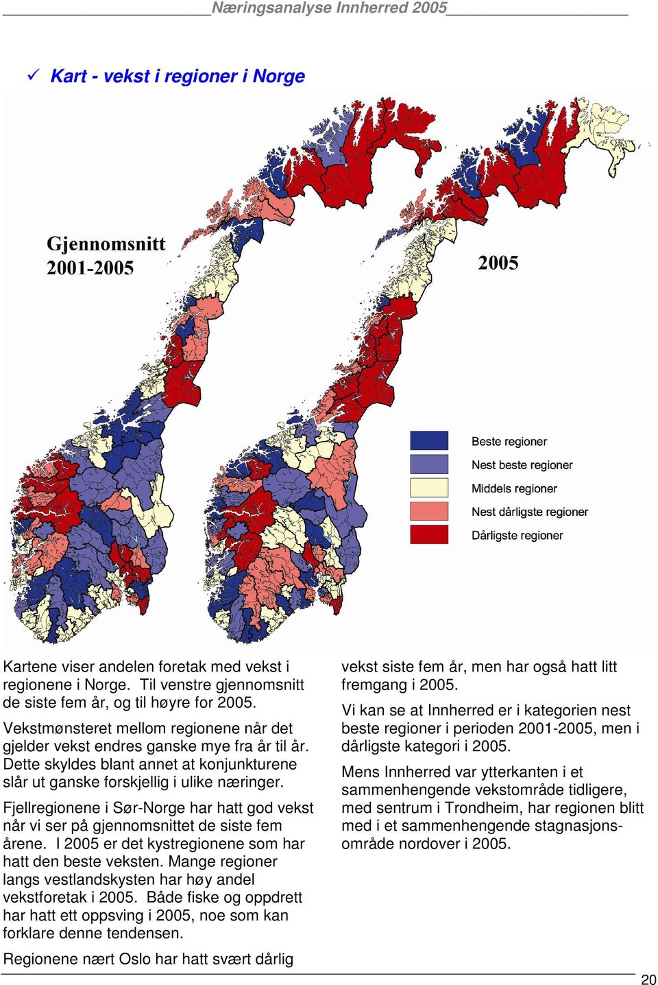 Fjellregionene i Sør-Norge har hatt god vekst når vi ser på gjennomsnittet de siste fem årene. I 2005 er det kystregionene som har hatt den beste veksten.