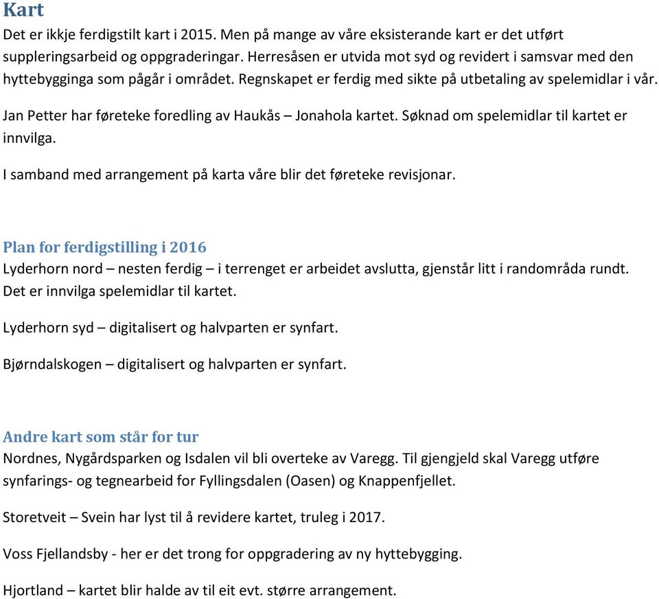 Jan Petter har føreteke foredling av Haukås Jonahola kartet. Søknad om spelemidlar til kartet er innvilga. I samband med arrangement på karta våre blir det føreteke revisjonar.