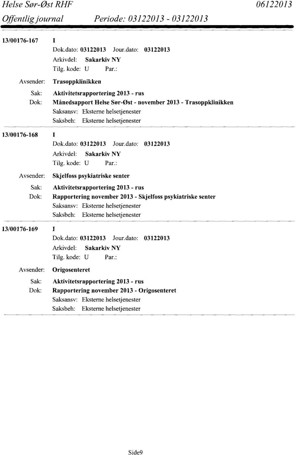 Sak: Aktivitetsrapportering 2013 - rus Dok: Rapportering november 2013 - Skjelfoss psykiatriske senter