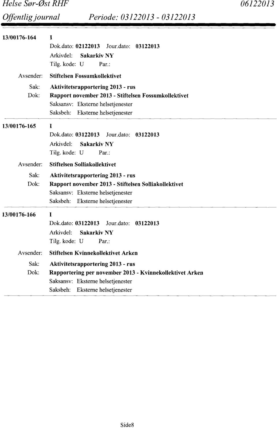 Fossumkollektivet 13100176-165 I Stiftelsen Solliakollektivet Sak: Aktivitetsrapportering 2013 - rus Dok: Rapport november