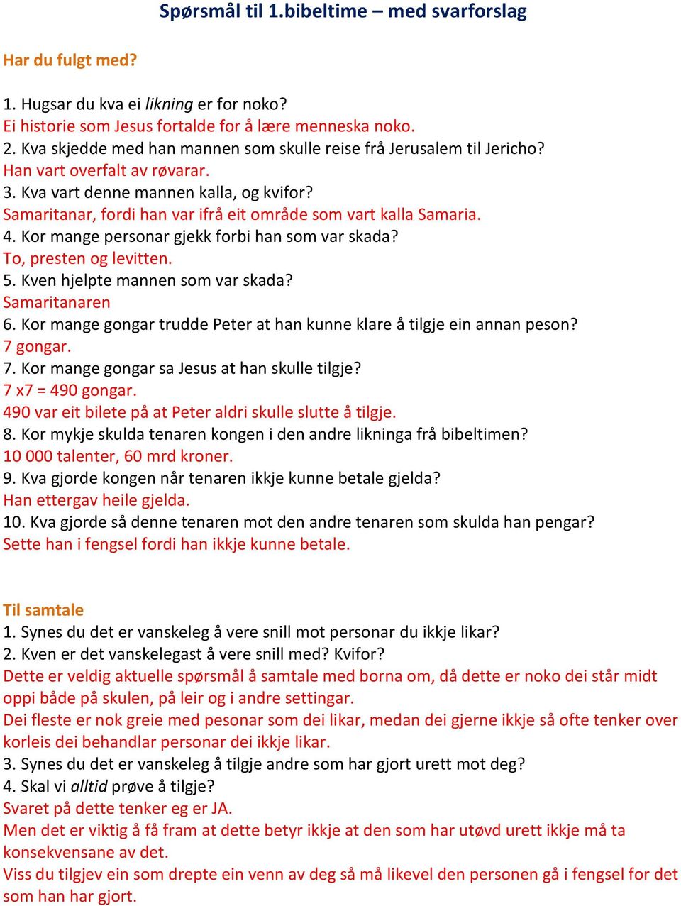 Samaritanar, fordi han var ifrå eit område som vart kalla Samaria. 4. Kor mange personar gjekk forbi han som var skada? To, presten og levitten. 5. Kven hjelpte mannen som var skada? Samaritanaren 6.