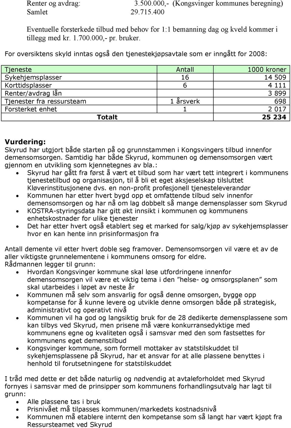 ressursteam 1 årsverk 698 Forsterket enhet 1 2 017 Totalt 25 234 Vurdering: Skyrud har utgjort både starten på og grunnstammen i Kongsvingers tilbud innenfor demensomsorgen.