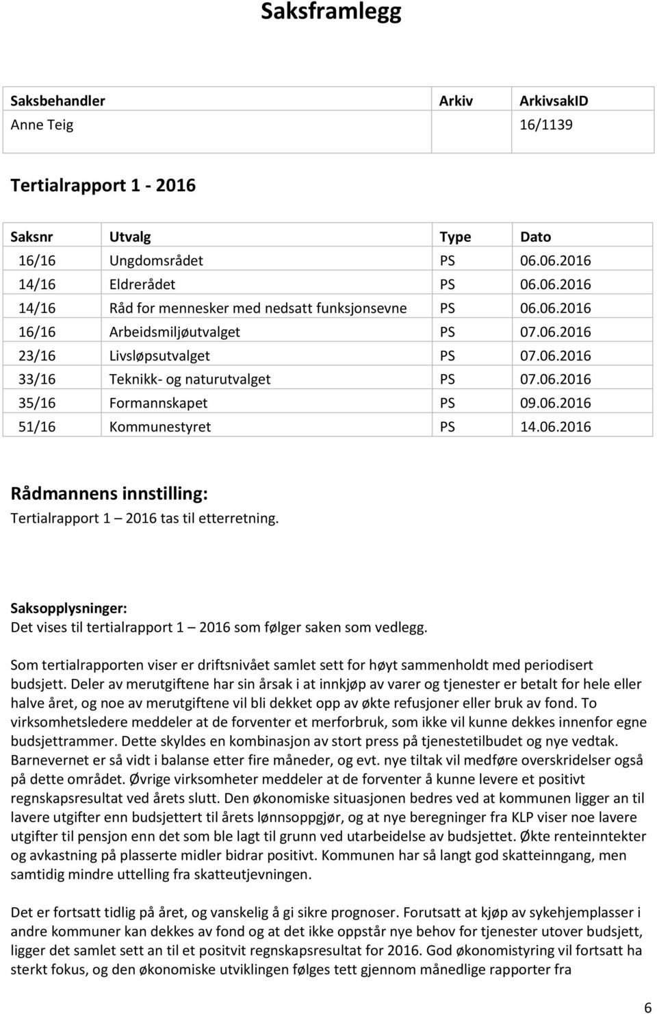 Saksopplysninger: Det vises til tertialrapport 1 2016 som følger saken som vedlegg. Som tertialrapporten viser er driftsnivået samlet sett for høyt sammenholdt med periodisert budsjett.