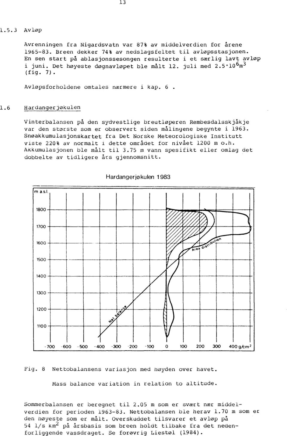 . juli med 2.5 106m3 (fig. 7). Avløpsforholdene omtales nærmere i kap. 6. 1.6 Hardangerjøkulen Vinterbalansen på den sydvestlige breutløperen Rembesdalsskjåkje var den største som er observert siden målingene begynte i 1963.