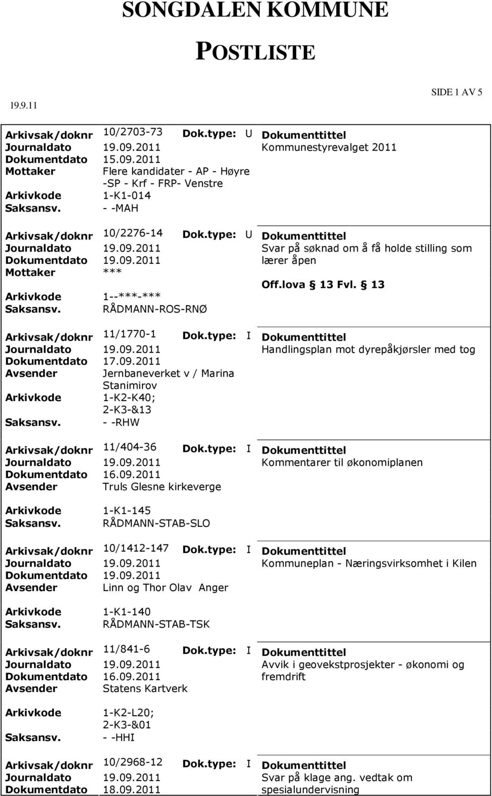 type: U Dokumenttittel Svar på søknad om å få holde stilling som lærer åpen Arkivsak/doknr 11/1770-1 Handlingsplan mot dyrepåkjørsler med tog Dokumentdato 17.09.