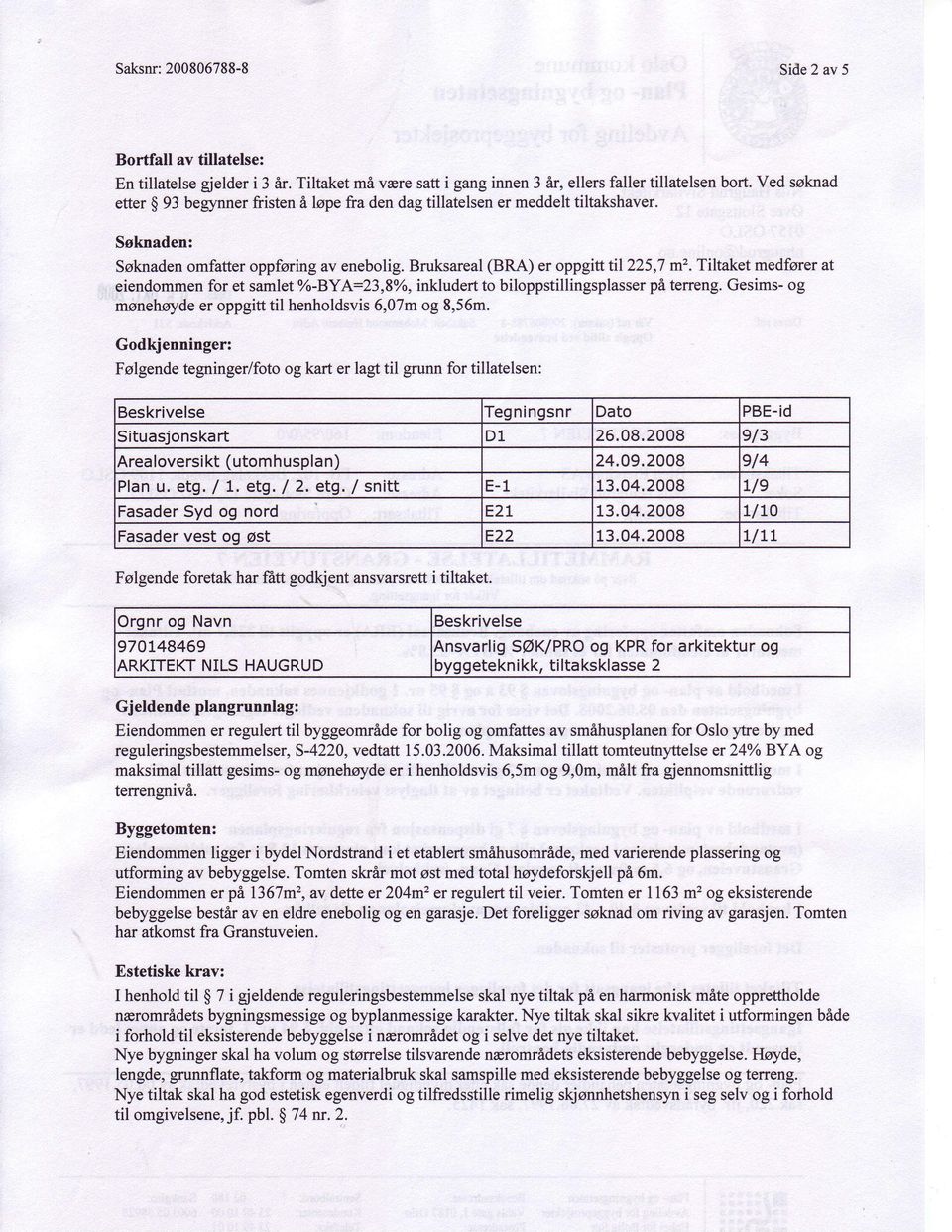 .tiltaket medfsrer at eiendommenfor et samlet o/o-bya:23,80%,inkludert to biloppstillingsplasserpi terreng. Gesims- og monehoydeer oppgitt til henholdsvis6,07m og 8,56m.