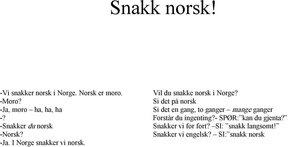 Forstår du ingenting? SPØR: kan du gjenta? Snakker du norsk Snakker vi for fort?