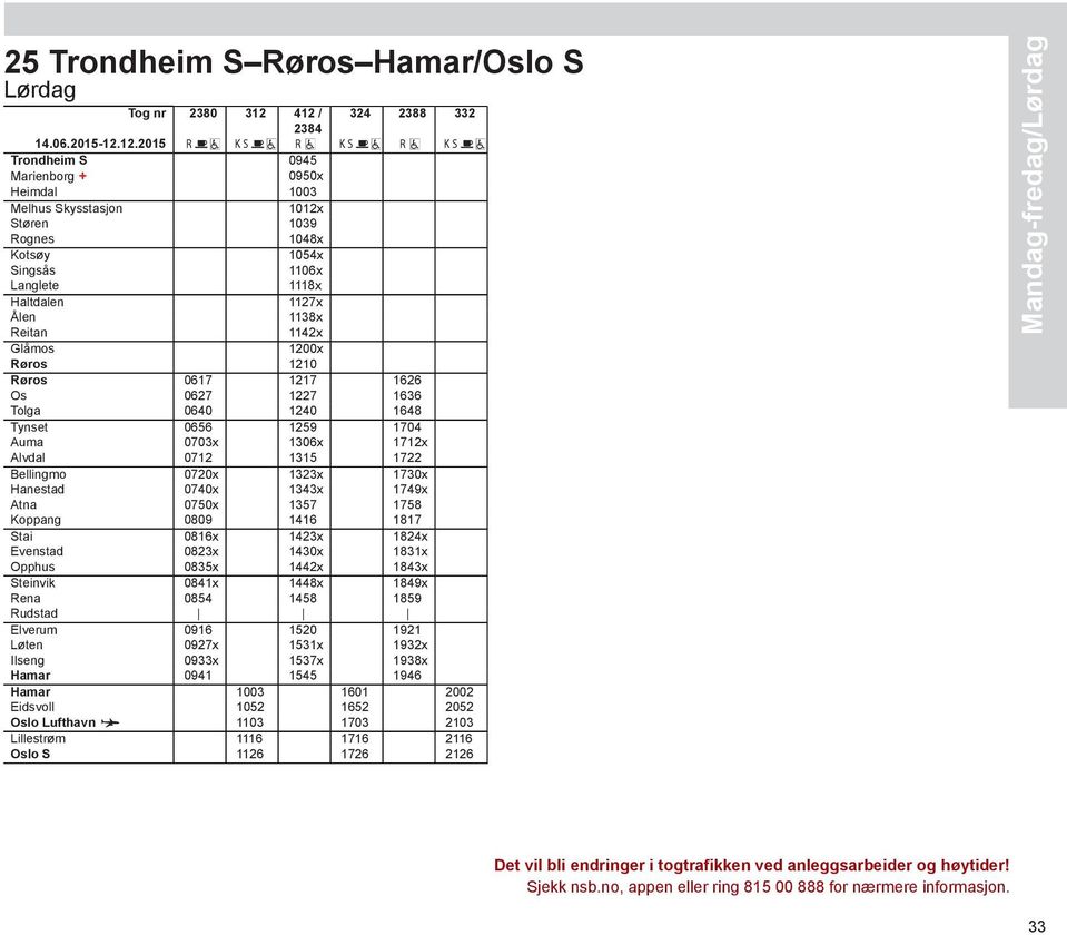 1118x Haltdalen 1127x Ålen 1138x Reitan 1142x Glåmos 1200x Røros 1210 Røros 0617 1217 1626 Os 0627 1227 1636 Tolga 0640 1240 1648 Tynset 0656 1259 1704 Auma 0703x 1306x 1712x Alvdal 0712 1315 1722
