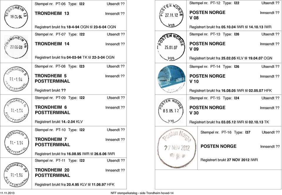 -2.04 KLV Stempel nr. PT-10 Type: I22 Utsendt?? 7 Innsendt?? POSTTERMINAL Registrert brukt fra 16.08.95 IWR til 26.6.06 IWR Stempel nr. PT-11 Type: I22 Utsendt?? Stempel nr. PT-12 Type: I22 Utsendt?