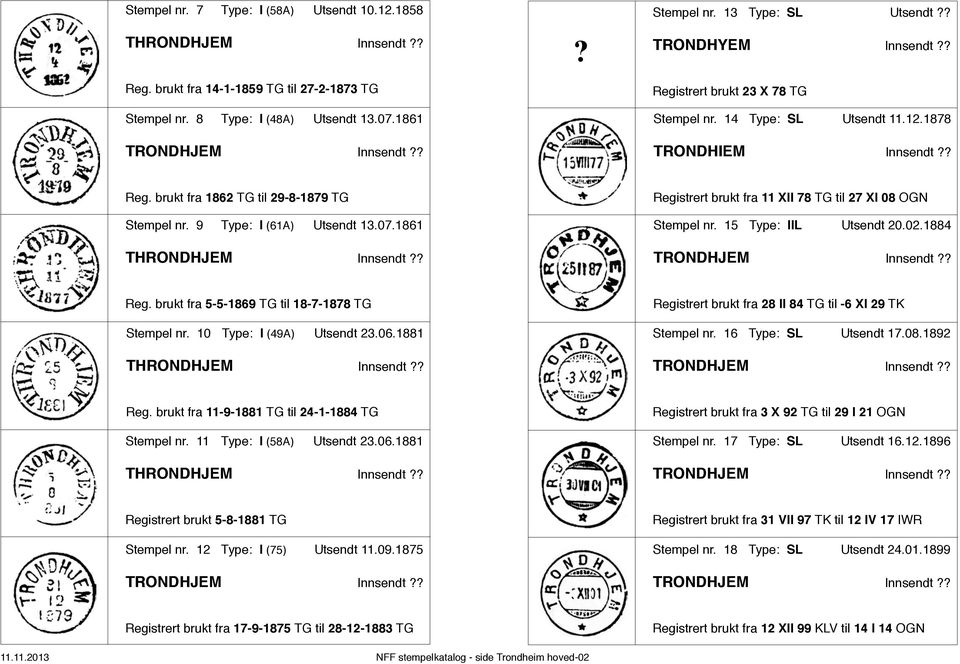 1861 THRONDHJEM Innsendt?? Registrert brukt fra 11 XII 78 TG til 27 XI 08 OGN Stempel nr. 15 Type: IIL Utsendt 20.02.1884 TRONDHJEM Innsendt?? Reg. brukt fra 5-5-1869 TG til 18-7-1878 TG Stempel nr.