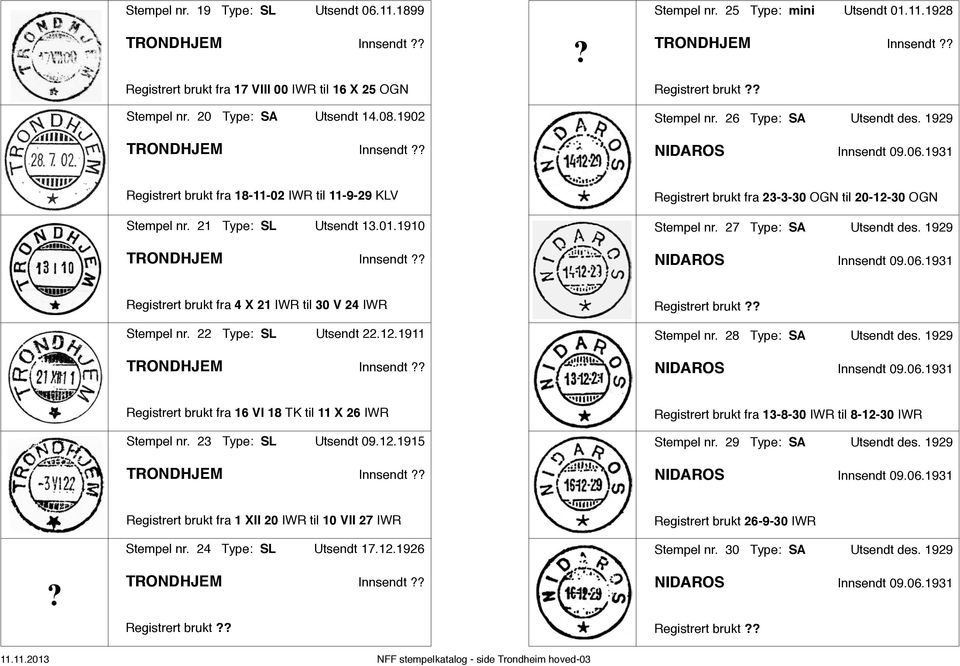 1910 TRONDHJEM Innsendt?? Registrert brukt fra 23-3-30 OGN til 20-12-30 OGN Stempel nr. 27 Type: SA Utsendt des. 1929 NIDAROS Innsendt 09.06.