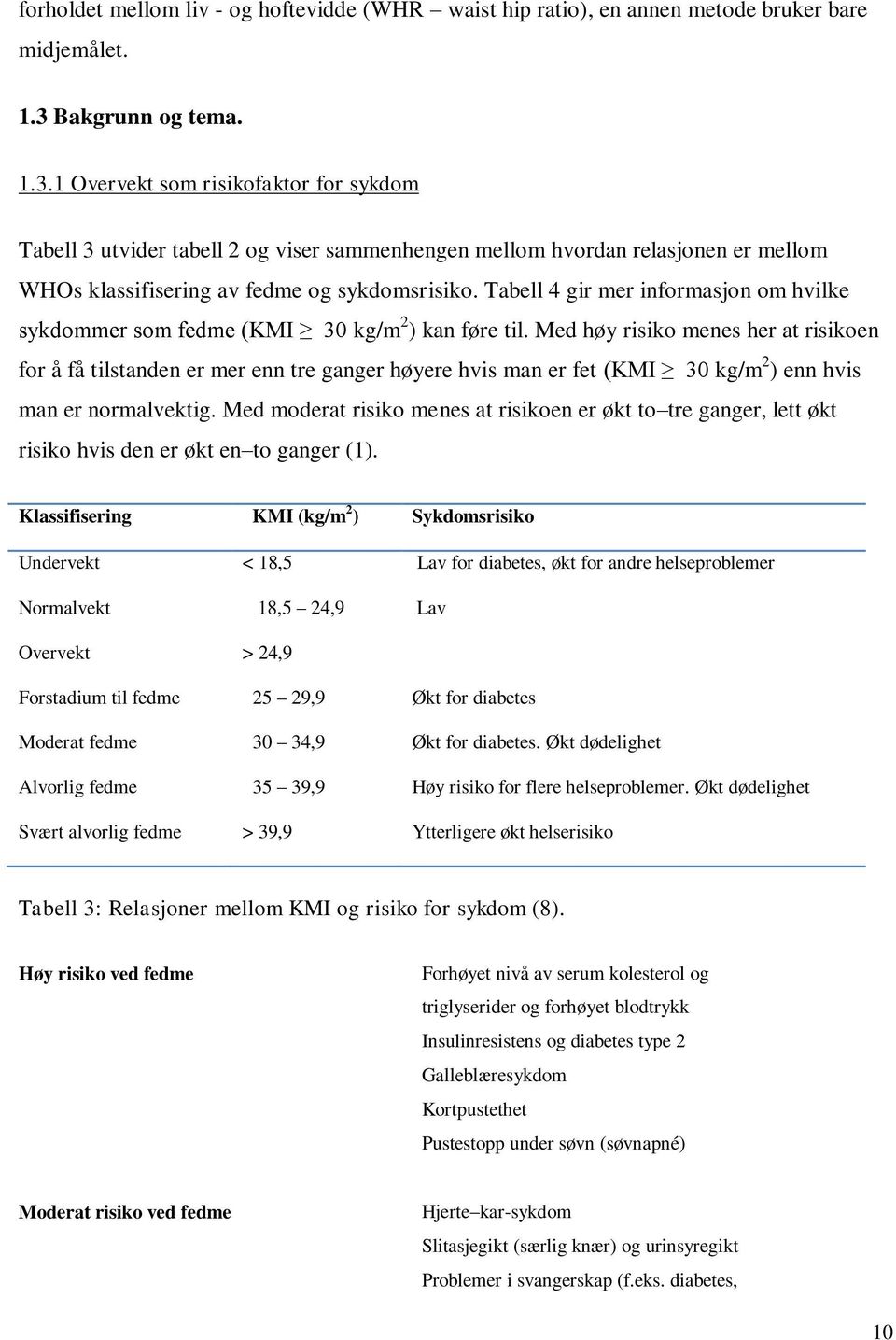 Tabell 4 gir mer informasjon om hvilke sykdommer som fedme (KMI 30 kg/m 2 ) kan føre til.