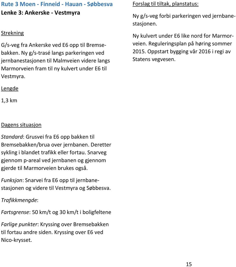 Forslag til tiltak, planstatus: Ny g/s veg forbi parkeringen ved jernbanestasjonen. Ny kulvert under E6 like nord for Marmorveien. Reguleringsplan på høring sommer 2015.