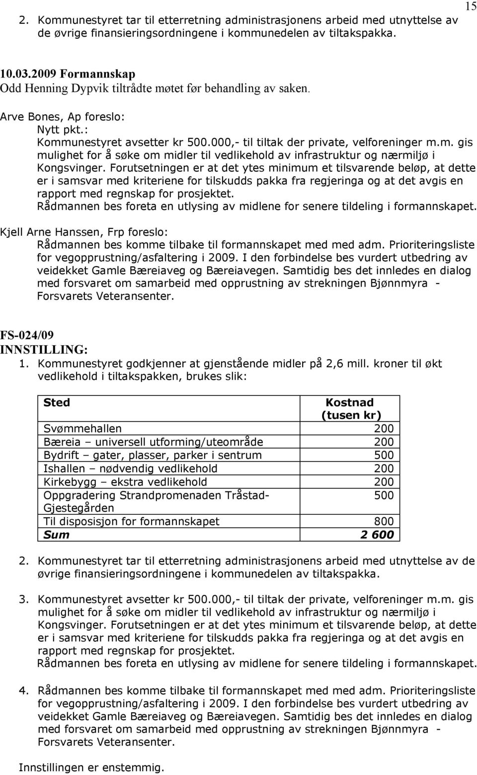 Forutsetningen er at det ytes minimum et tilsvarende beløp, at dette er i samsvar med kriteriene for tilskudds pakka fra regjeringa og at det avgis en rapport med regnskap for prosjektet.