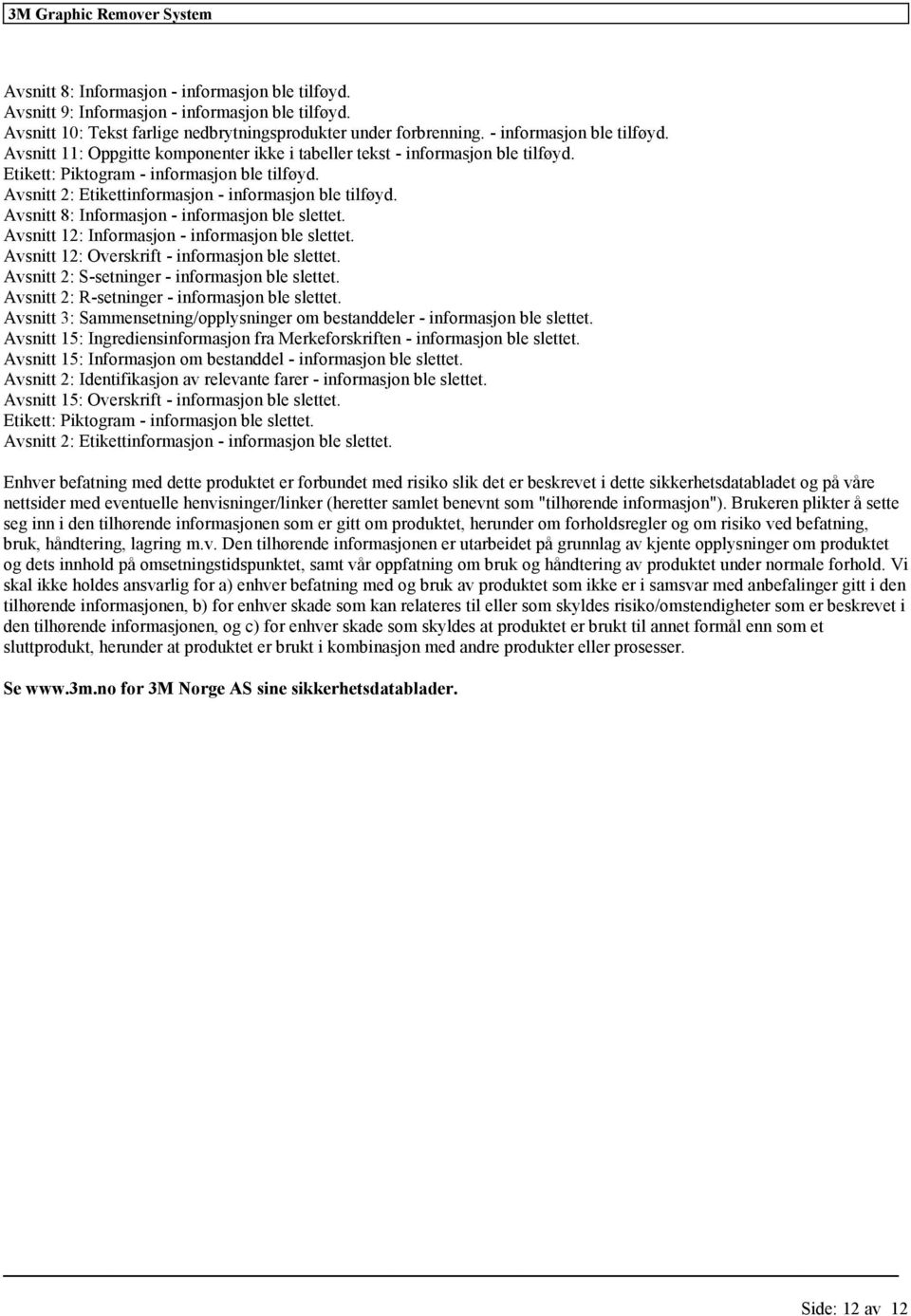 Avsnitt 12: Informasjon - informasjon ble slettet. Avsnitt 12: Overskrift - informasjon ble slettet. Avsnitt 2: S-setninger - informasjon ble slettet. Avsnitt 2: R-setninger - informasjon ble slettet.