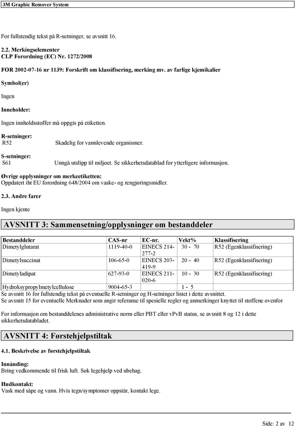 Se sikkerhetsdatablad for ytterligere informasjon. Øvrige opplysninger om merkeetiketten: Oppdatert iht EU forordning 648/2004 om vaske- og rengjøringsmidler. 2.3.