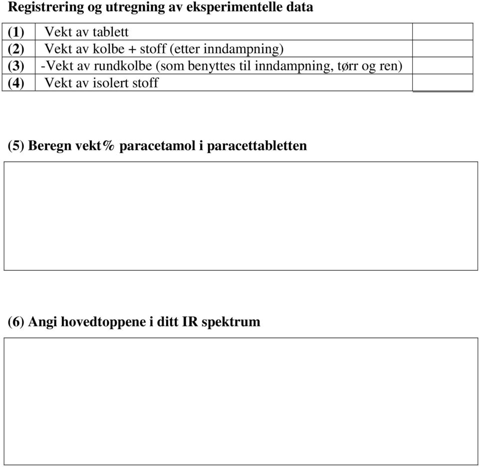 benyttes til inndampning, tørr og ren) (4) Vekt av isolert stoff (5)