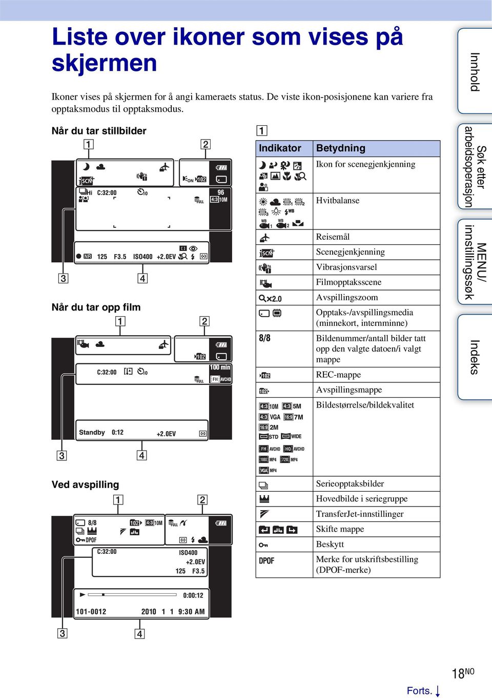 Avspillingszoom Opptaks-/avspillingsmedia (minnekort, internminne) 8/8 Bildenummer/antall bilder tatt opp den valgte datoen/i valgt mappe REC-mappe Avspillingsmappe