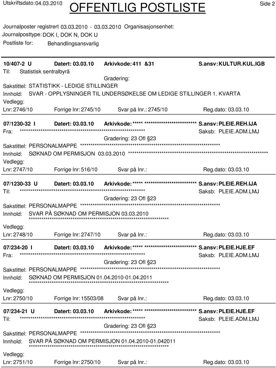 IJA Fra: ************************************************************ Saksb: PLEIE.ADM.LMJ 23 Ofl 23 Innhold: SØKNAD OM PERMISJON 03.03.2010 Lnr: 2747/10 Forrige lnr: 516/10 Svar på lnr.: Reg.