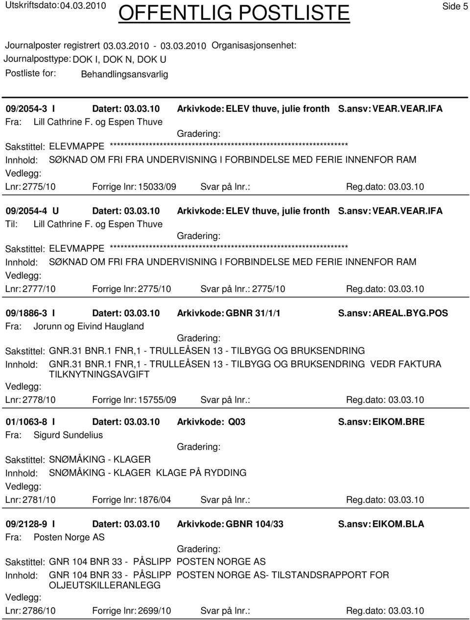 ansv: VEAR.VEAR.IFA Til: Lill Cathrine F. og Espen Thuve Innhold: SØKNAD OM FRI FRA UNDERVISNING I FORBINDELSE MED FERIE INNENFOR RAM Lnr: 2777/10 Forrige lnr: 2775/10 Svar på lnr.: 2775/10 Reg.