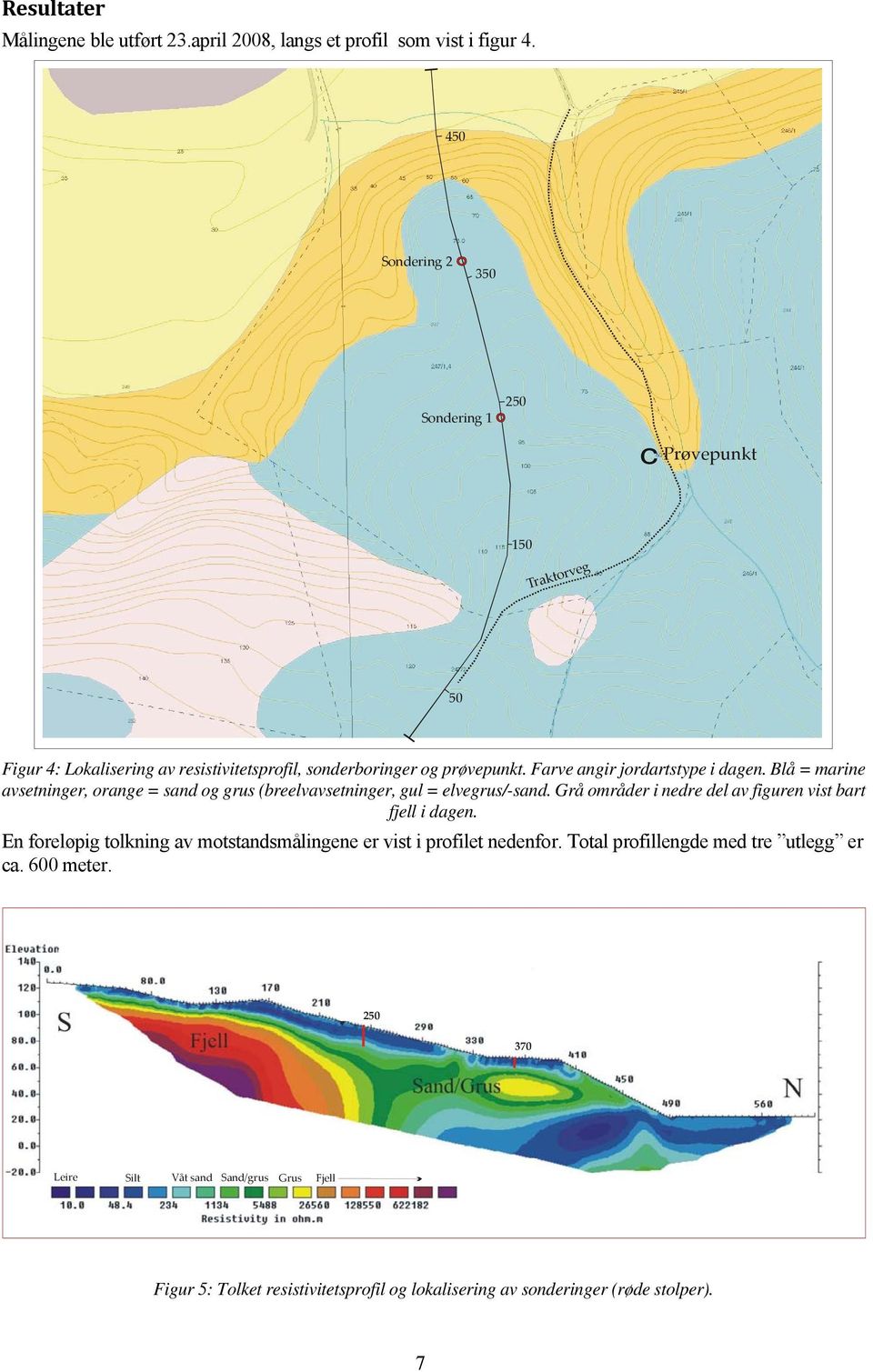 Farve angir jordartstype i dagen. Blå = marine avsetninger, orange = sand og grus (breelvavsetninger, gul = elvegrus/-sand.