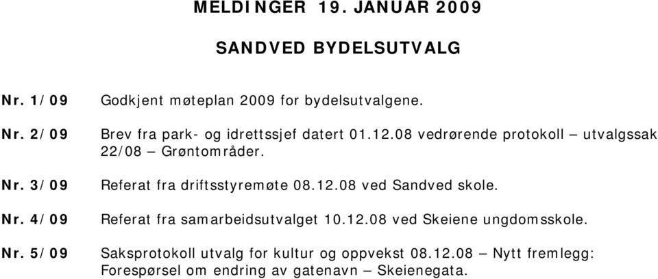 08 vedrørende protokoll utvalgssak 22/08 Grøntområder. Referat fra driftsstyremøte 08.12.08 ved Sandved skole.