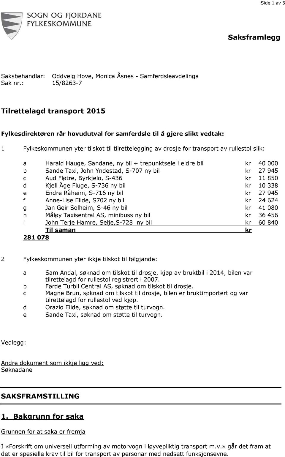 slik: a Harald Hauge, Sandane, ny bil + trepunktsele i eldre bil kr 40 000 b Sande Taxi, John Yndestad, S-707 ny bil kr 27 945 c Aud Fløtre, Byrkjelo, S-436 kr 11 850 d Kjell Åge Fluge, S-736 ny bil