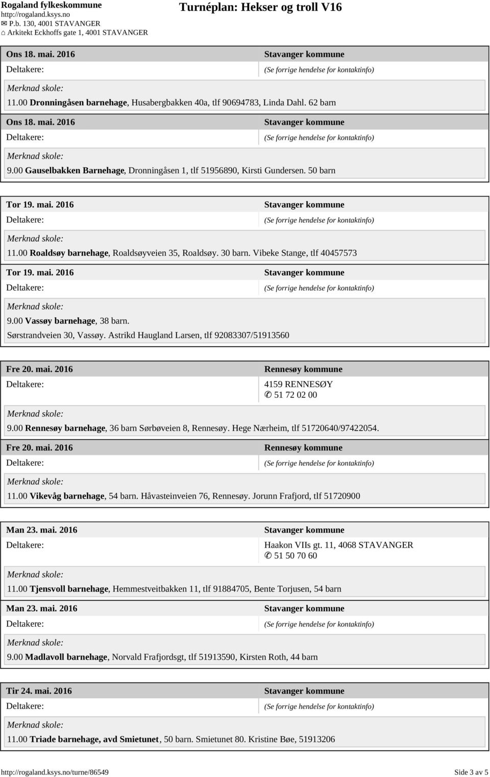 Astrikd Haugland Larsen, tlf 92083307/51913560 Fre 20. mai. 2016 9.00 Rennesøy barnehage, 36 barn Sørbøveien 8, Rennesøy. Hege Nærheim, tlf 51720640/97422054. Fre 20. mai. 2016 11.