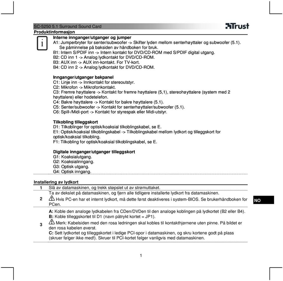 B3: AUX inn -> AUX inn-kontakt. For TV-kort. B4: CD inn 2 -> Analog lydkontakt for DVD/CD-ROM. Innganger/utganger bakpanel C1: Linje inn -> Innkontakt for stereoutstyr.