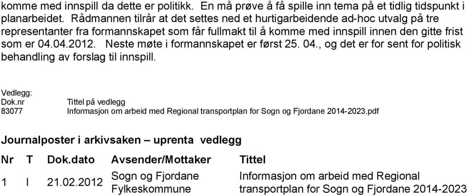 Neste møte i formannskapet er først 25. 04., og det er for sent for politisk behandling av forslag til innspill. Vedlegg: Dok.