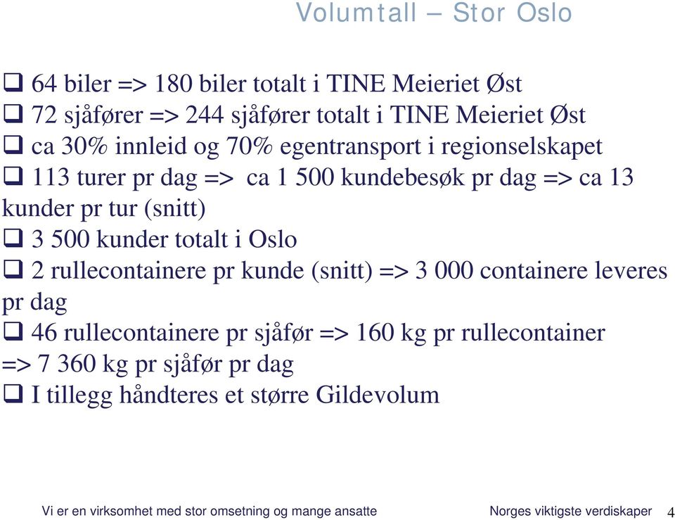 2 rullecontainere pr kunde (snitt) => 3 000 containere leveres pr dag 46 rullecontainere pr sjåfør => 160 kg pr rullecontainer => 7 360 kg pr