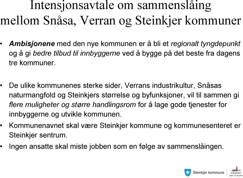 De ulike kommunenes sterke sider, Verrans industrikultur, Snåsas naturmangfold og Steinkjers størrelse og byfunksjoner, vil til sammen