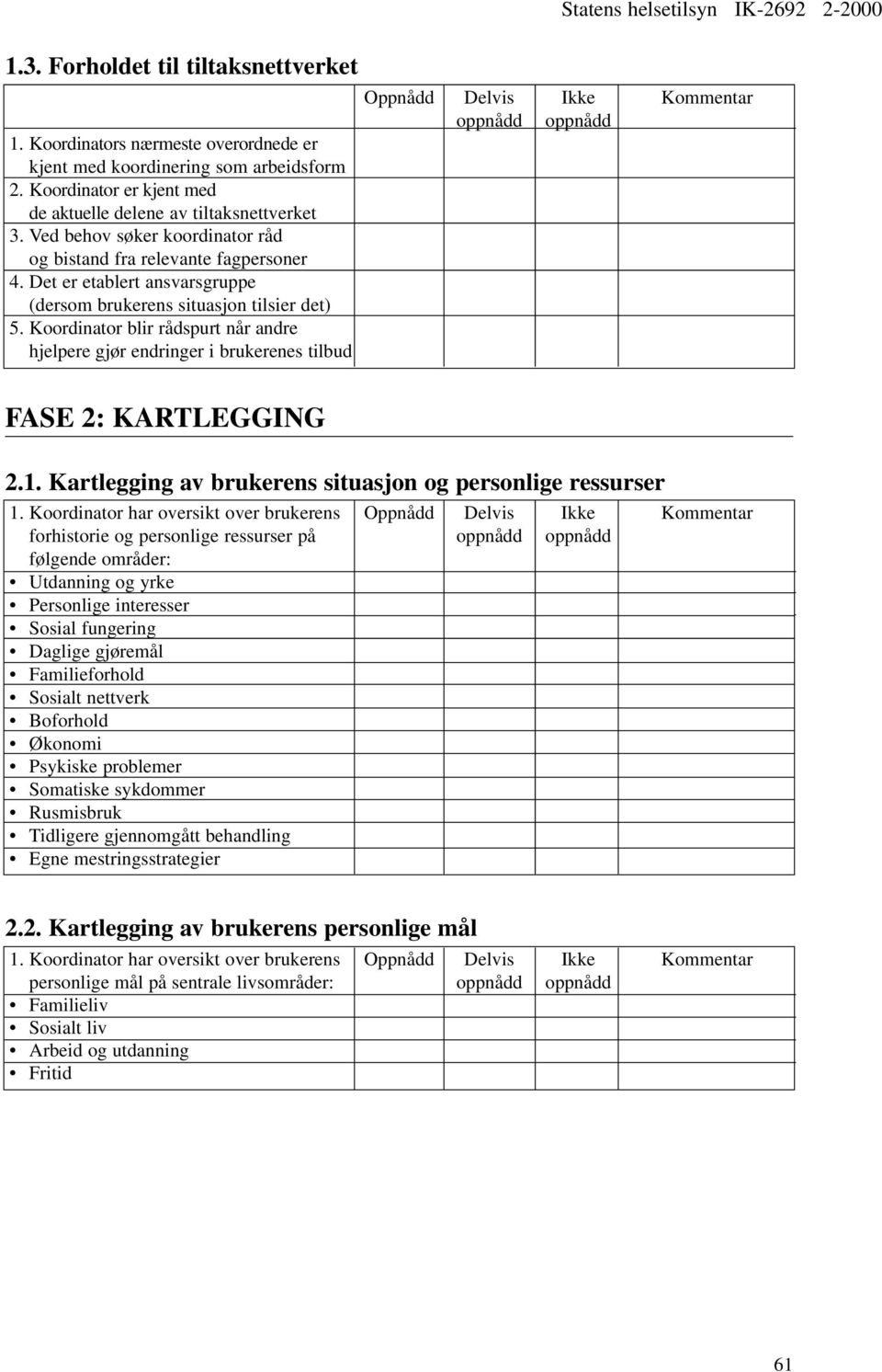 Koordinator blir rådspurt når andre hjelpere gjør endringer i brukerenes tilbud FASE 2: KARTLEGGING 2.1. Kartlegging av brukerens situasjon og personlige ressurser 1.