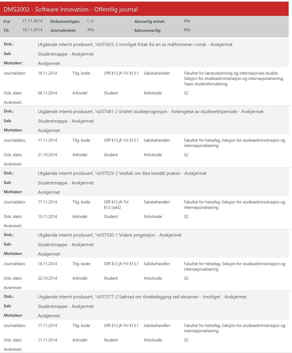 2014 Arkivdel: Student tgående internt produsert, 14/07529-2 Vedtak om ikke bestått praksis - Studentmappe - Offl 13 jfr Fvl 13.1pkt2 Dok. dato: 10.11.