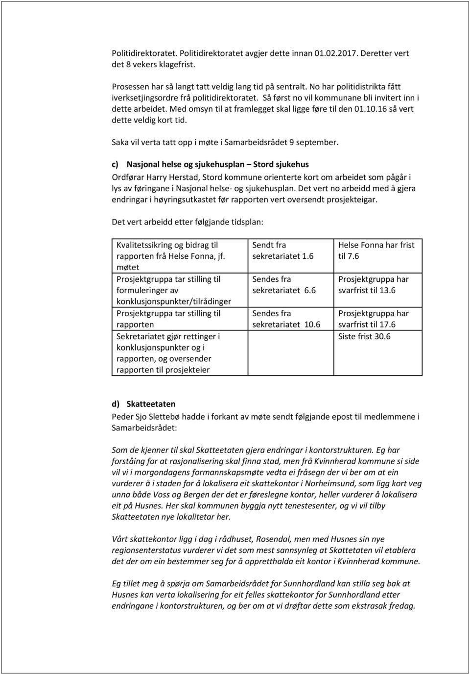 16 så vert dette veldig kort tid. Saka vil verta tatt opp i møte i Samarbeidsrådet 9 september.