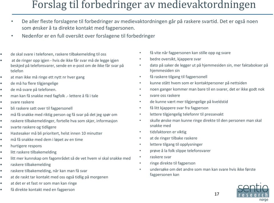 Nedenfor er en full oversikt over forslagene til forbedringer de skal svare i telefonen, raskere tilbakemelding til oss at de ringer opp igjen hvis de ikke får svar må de legge igjen beskjed på