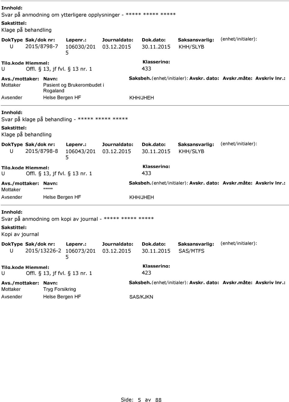 : Mottaker asient og Brukerombudet i Rogaland KHH/JHEH Svar på klage på behandling - ***** ***** ***** Klage på behandling 201/8798-8 106043/201 30.11.